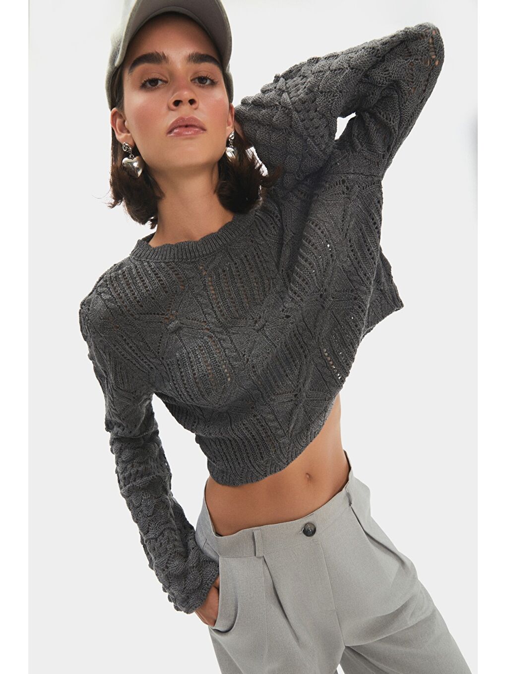 Antrasit Kadın Bisiklet Yaka Ispanyol Kol Ajurlu Kendinden Desenli Kazak-4