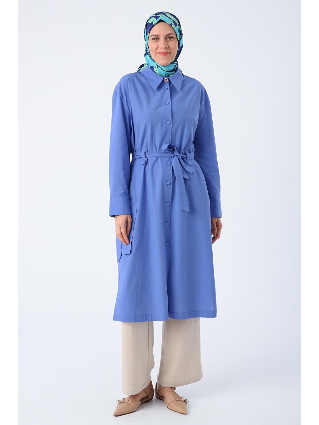 Mavi %100 Pamuk Tek Cepli Kuşaklı Uzun Ferace-1