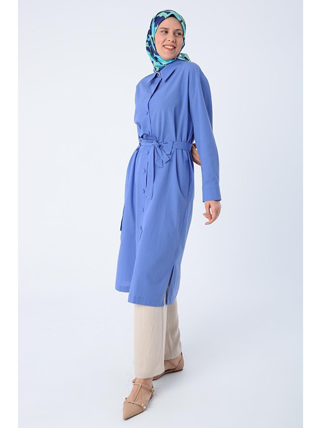 Mavi %100 Pamuk Tek Cepli Kuşaklı Uzun Ferace-2