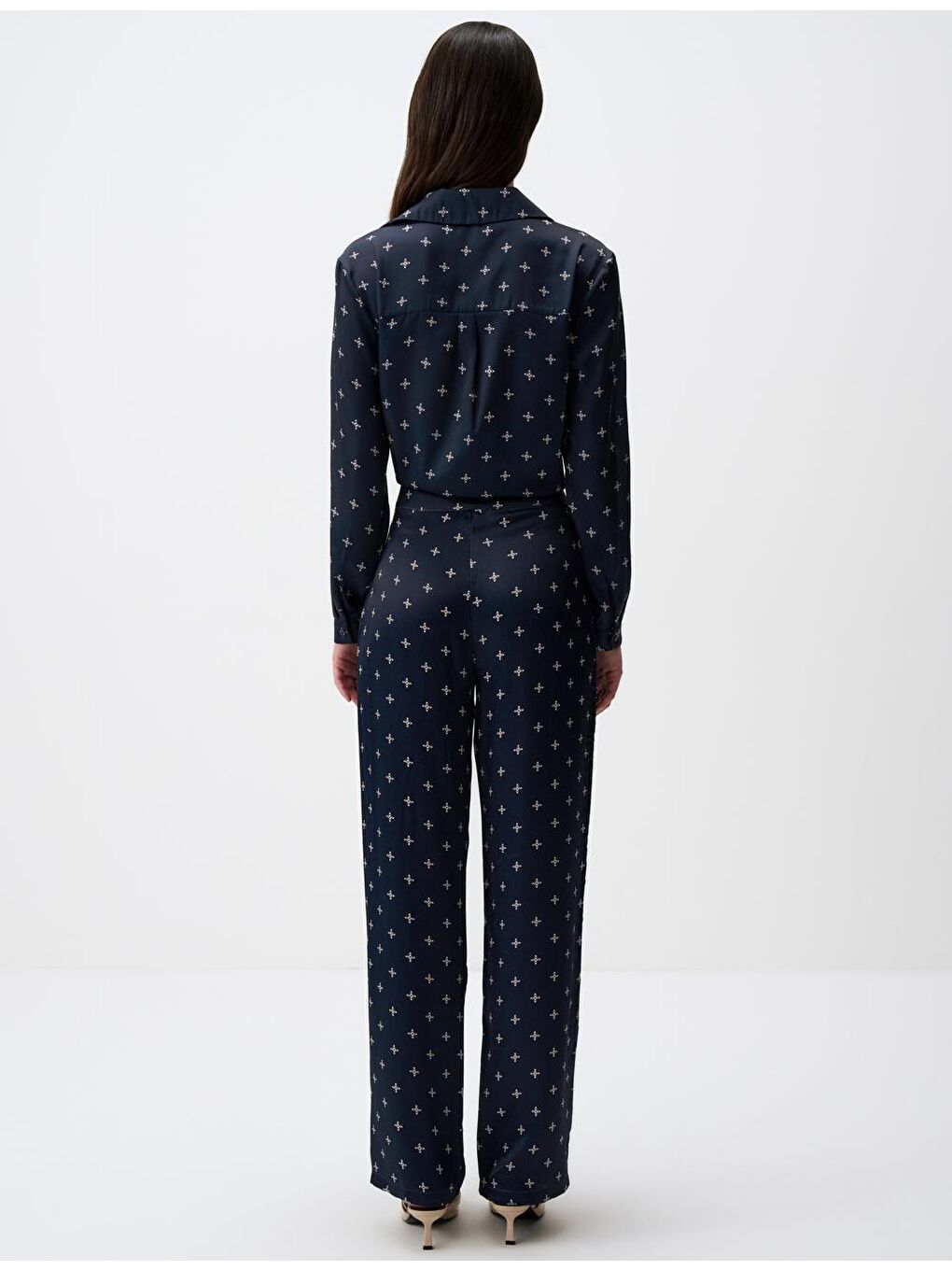 Lacivert Rahat Kesim Bol Paça Desenli Saten Pantolon-5