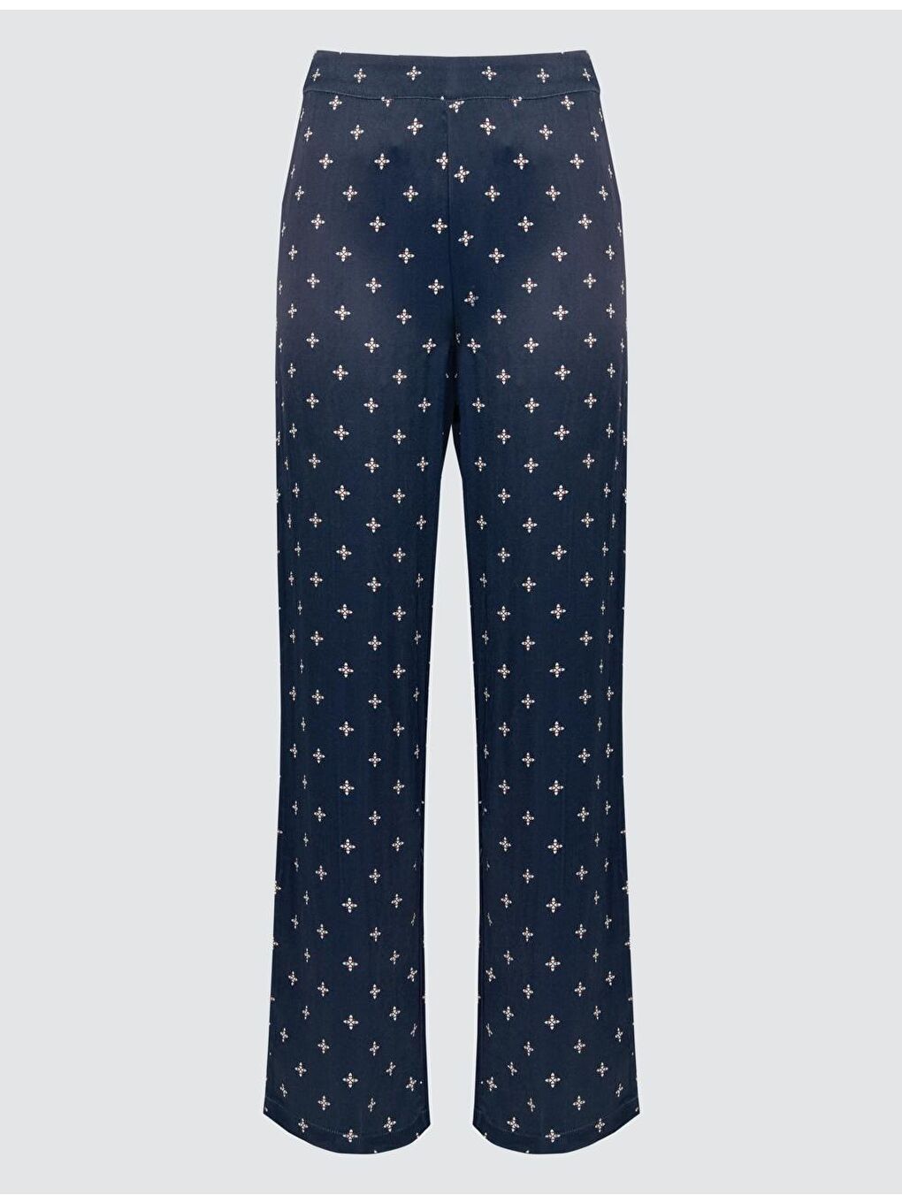 Lacivert Rahat Kesim Bol Paça Desenli Saten Pantolon-6