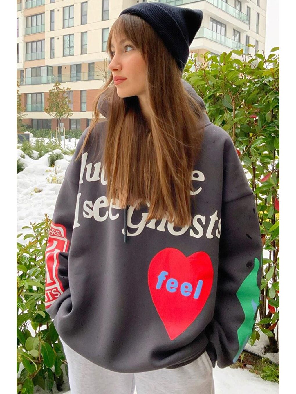 Madmext Antrasit Baskılı Oversize Sweatshirt MG903