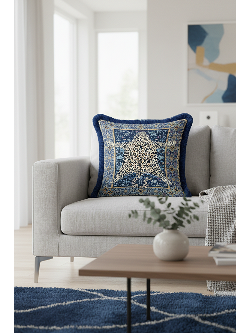 Karışık Lüks Vintage Halı Saçaklı Yastık Kılıfı - Asya Leopar Etnik Mavi Gold Püsküllü Kırlent Kılıfı