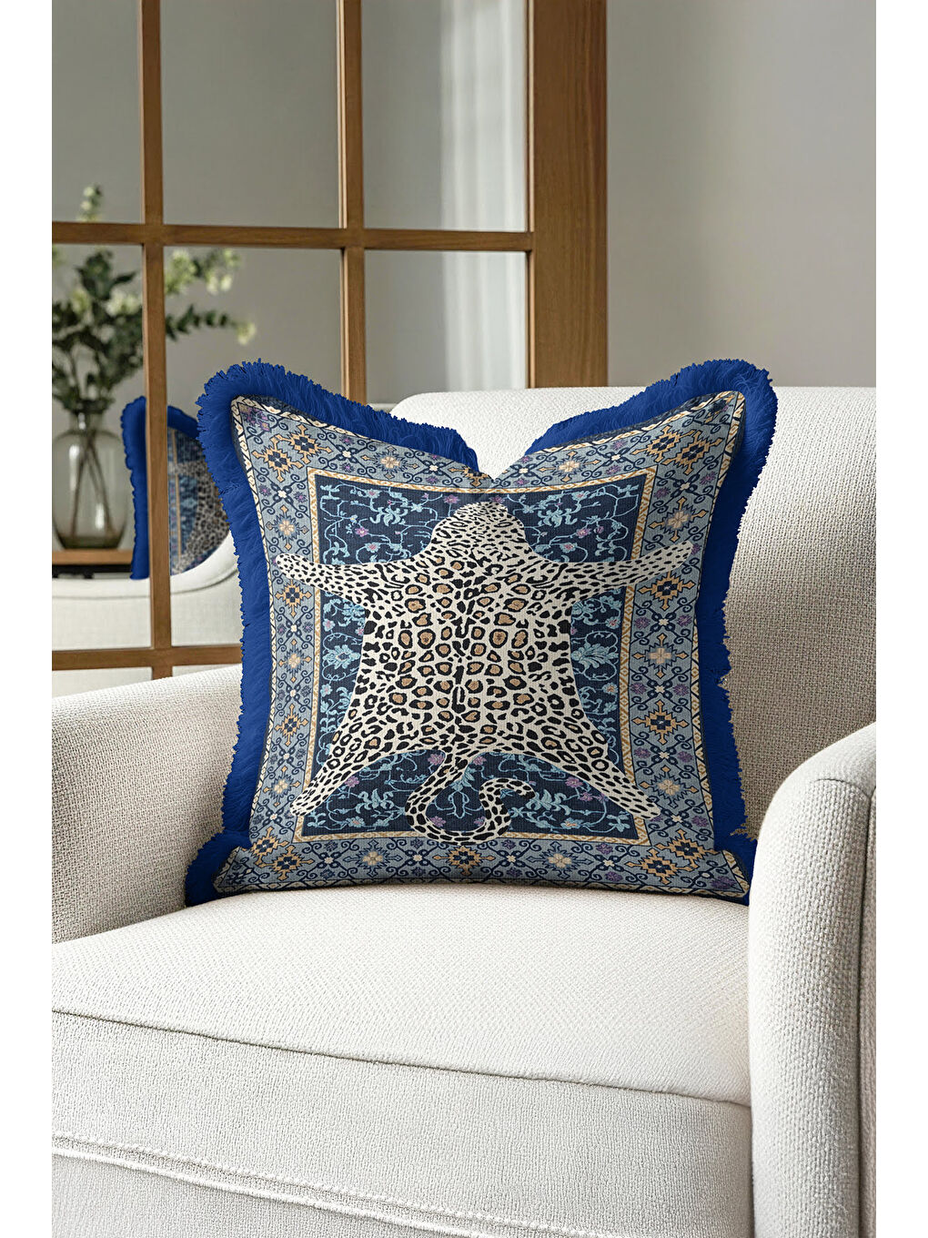 Karışık Lüks Vintage Halı Saçaklı Yastık Kılıfı - Asya Leopar Etnik Mavi Gold Püsküllü Kırlent Kılıfı-1