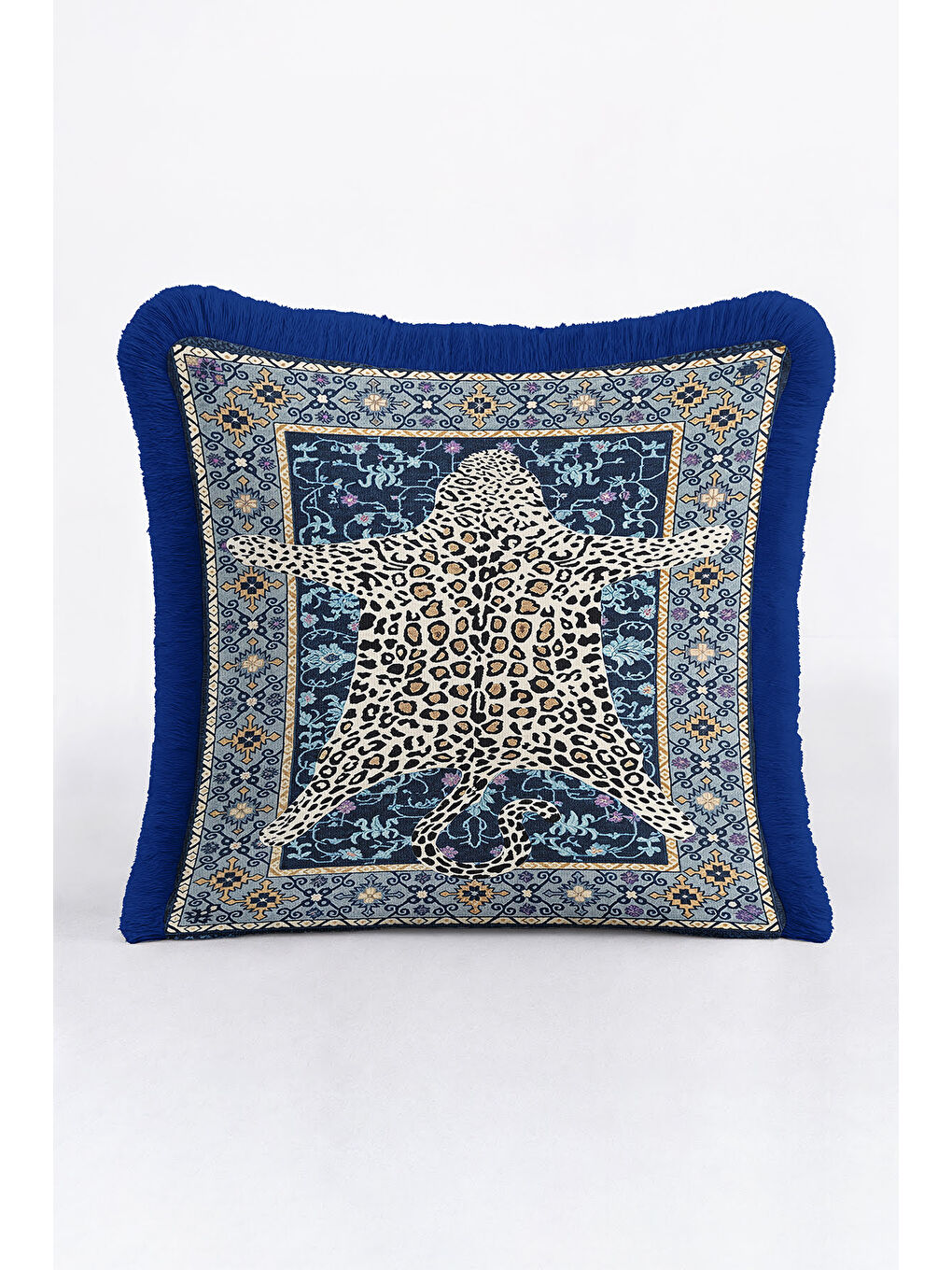 Karışık Lüks Vintage Halı Saçaklı Yastık Kılıfı - Asya Leopar Etnik Mavi Gold Püsküllü Kırlent Kılıfı-2