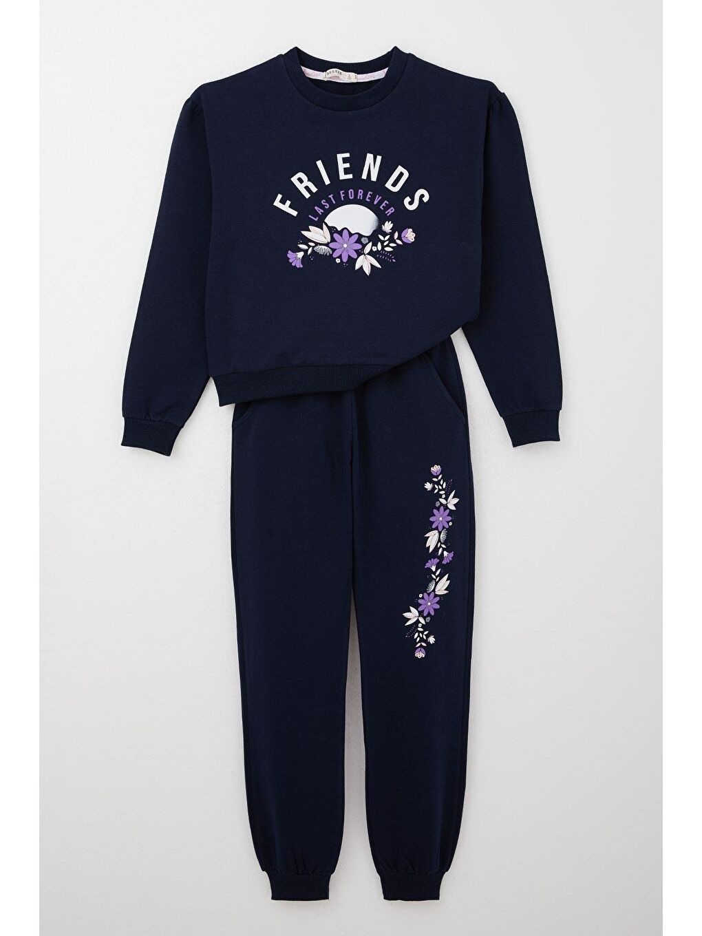 Kız Çocuk Eşofman Takım Arkadaş Temalı Çiçek Baskılı Lacivert (6 Yaş)-3