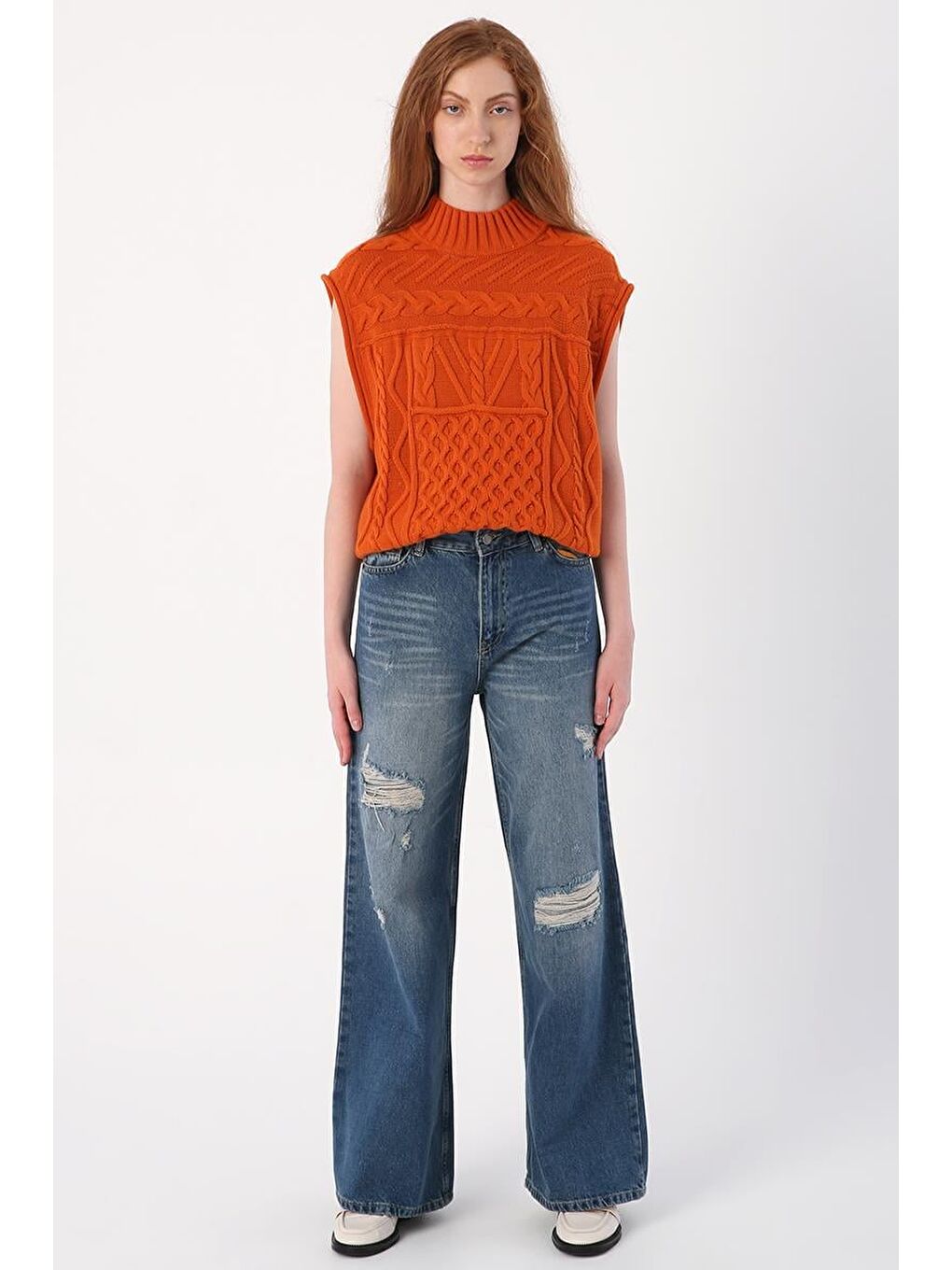 Mavi01-Yırtık Detaylı Bol Paça Denim Pantolon-1