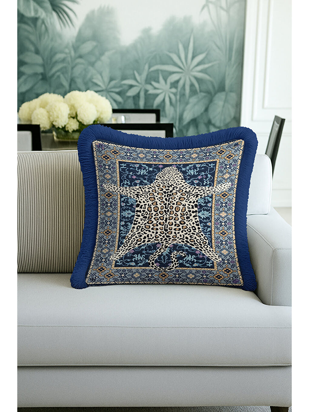 Karışık Lüks Vintage Halı Saçaklı Yastık Kılıfı - Asya Leopar Etnik Mavi Gold Püsküllü Kırlent Kılıfı-3