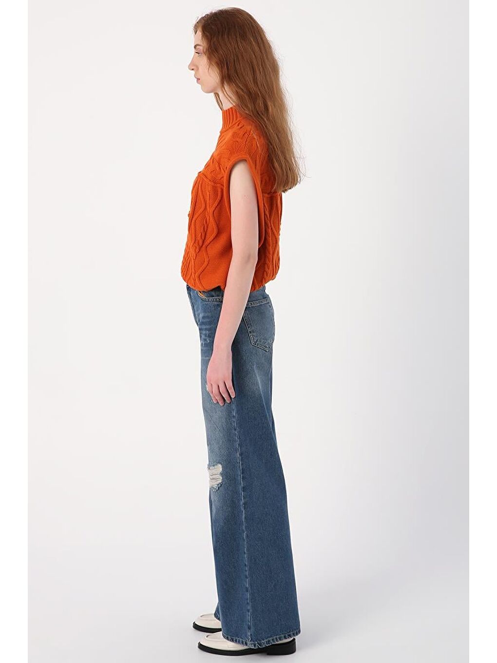 Mavi01-Yırtık Detaylı Bol Paça Denim Pantolon-2