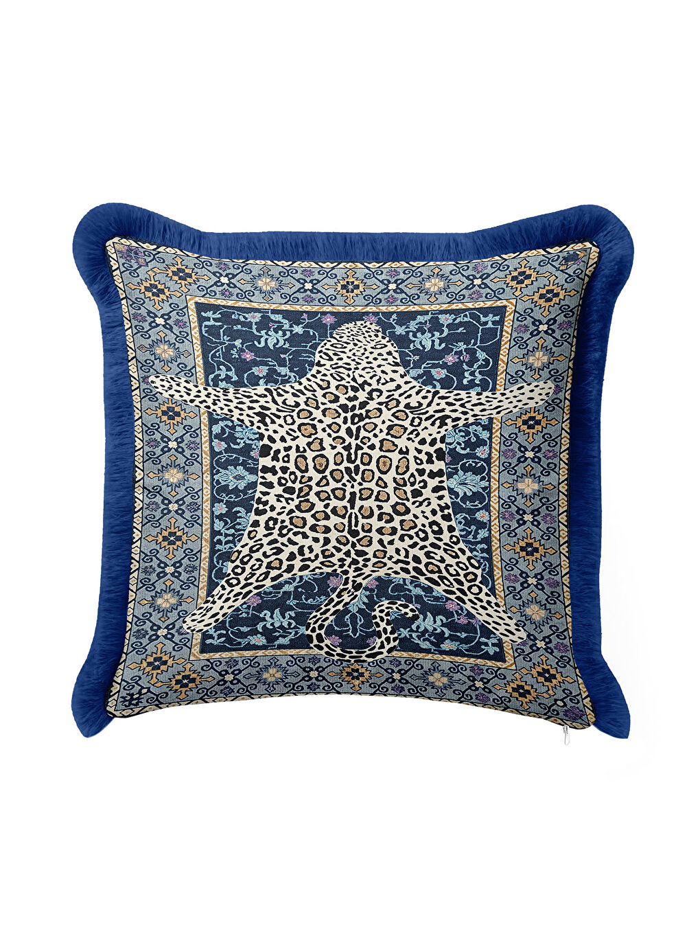 Karışık Lüks Vintage Halı Saçaklı Yastık Kılıfı - Asya Leopar Etnik Mavi Gold Püsküllü Kırlent Kılıfı-4