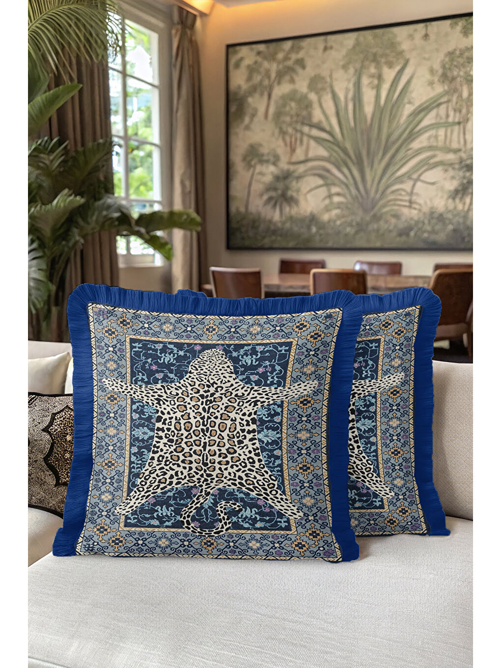 Karışık Lüks Vintage Halı Saçaklı Yastık Kılıfı - Asya Leopar Etnik Mavi Gold Püsküllü Kırlent Kılıfı-5