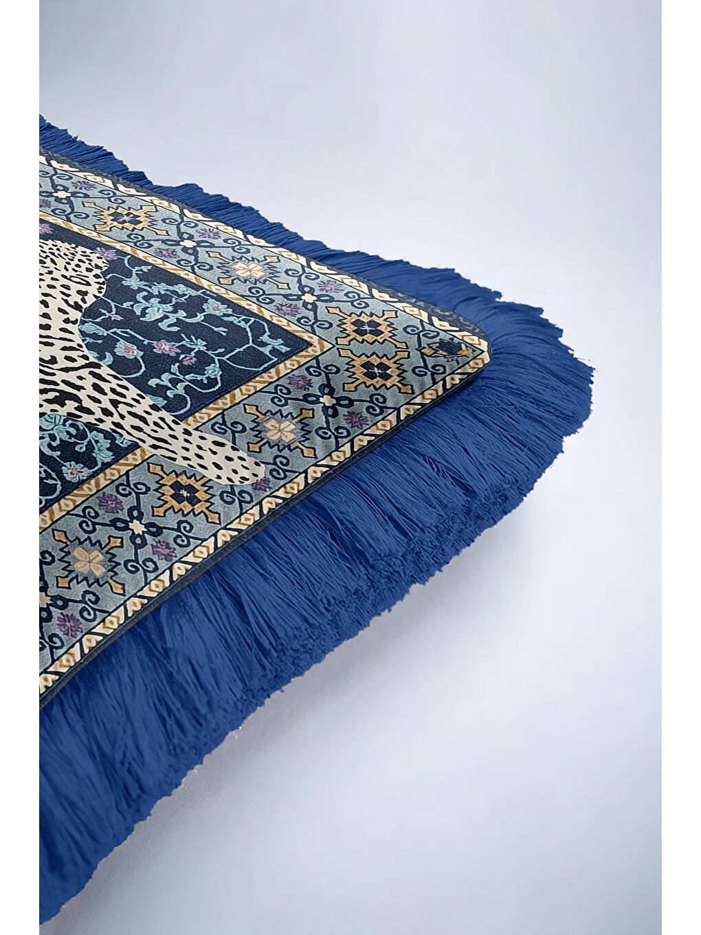 Karışık Lüks Vintage Halı Saçaklı Yastık Kılıfı - Asya Leopar Etnik Mavi Gold Püsküllü Kırlent Kılıfı-6