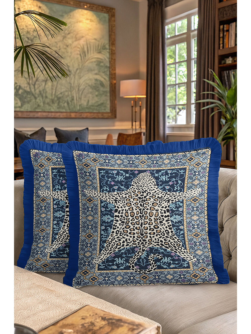 Karışık Lüks Vintage Halı Saçaklı Yastık Kılıfı - Asya Leopar Etnik Mavi Gold Püsküllü Kırlent Kılıfı-7