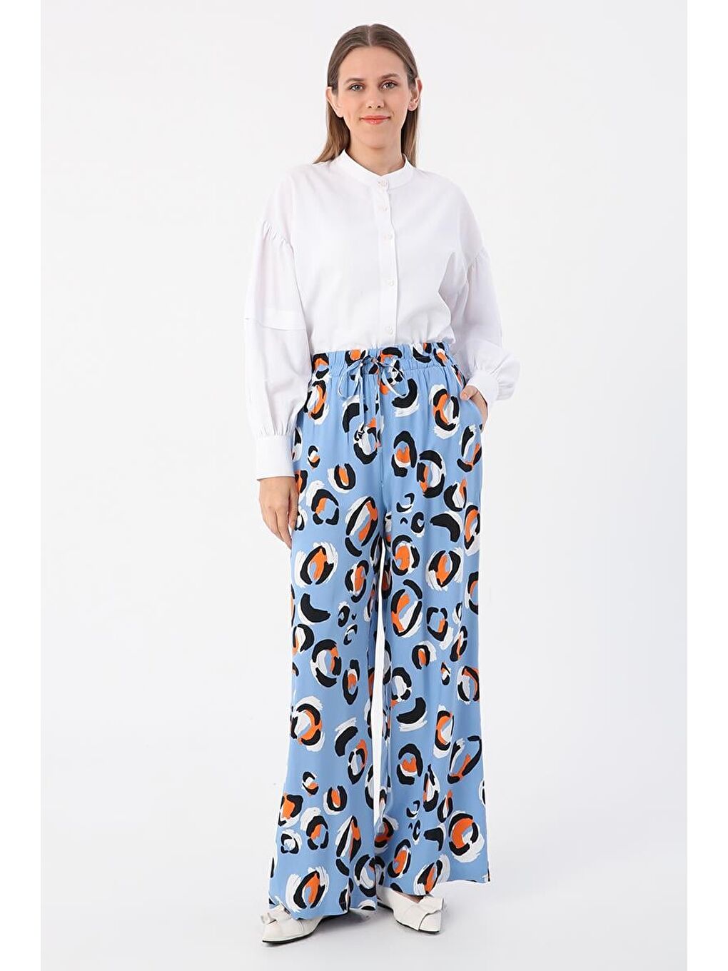 Mavi-Siyah-Emprime Desenli Beli Lastikli Bol Paça Viskon Pantolon-1