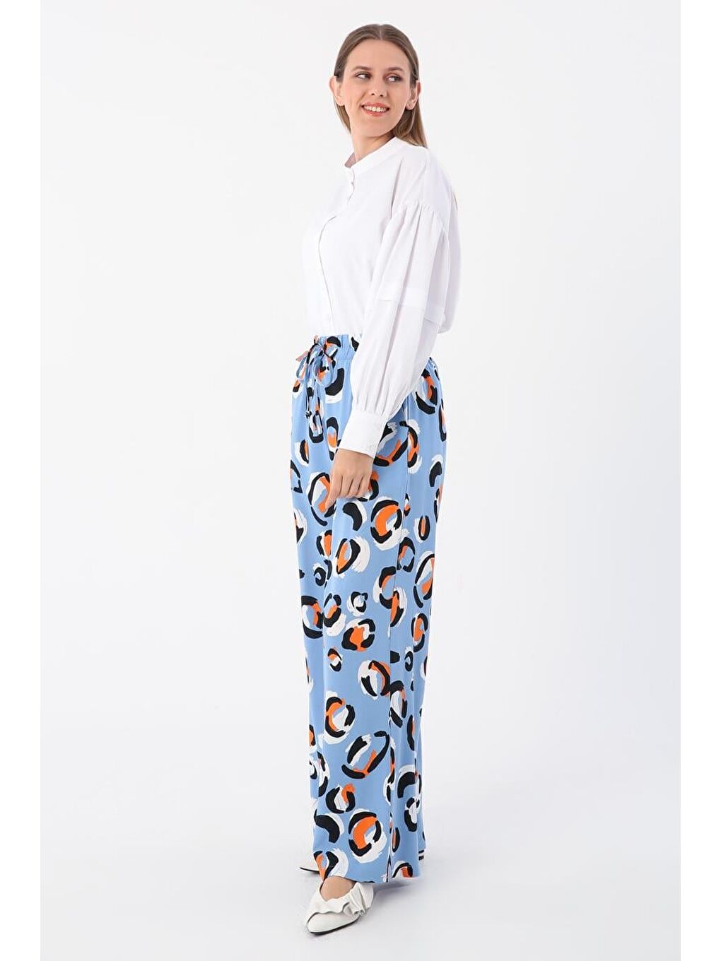 Mavi-Siyah-Emprime Desenli Beli Lastikli Bol Paça Viskon Pantolon-2