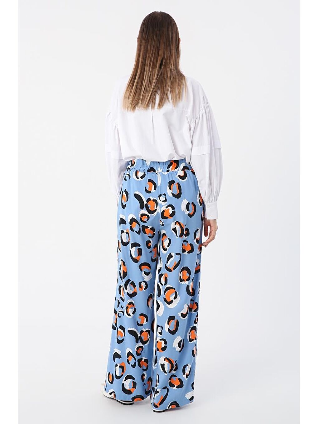 Mavi-Siyah-Emprime Desenli Beli Lastikli Bol Paça Viskon Pantolon-3