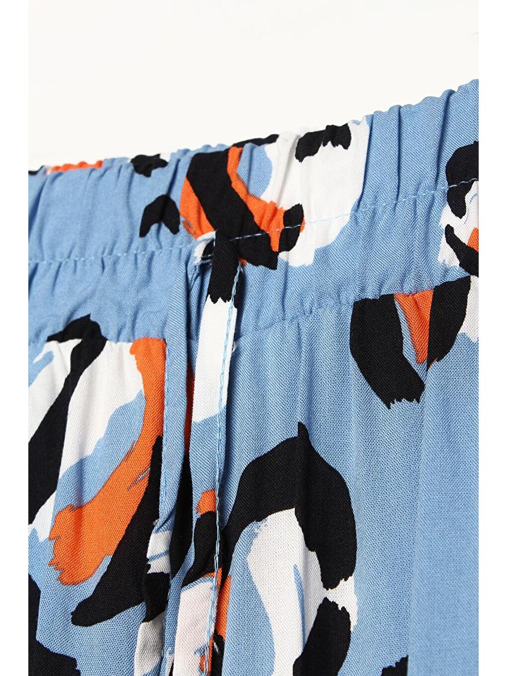 Mavi-Siyah-Emprime Desenli Beli Lastikli Bol Paça Viskon Pantolon-5