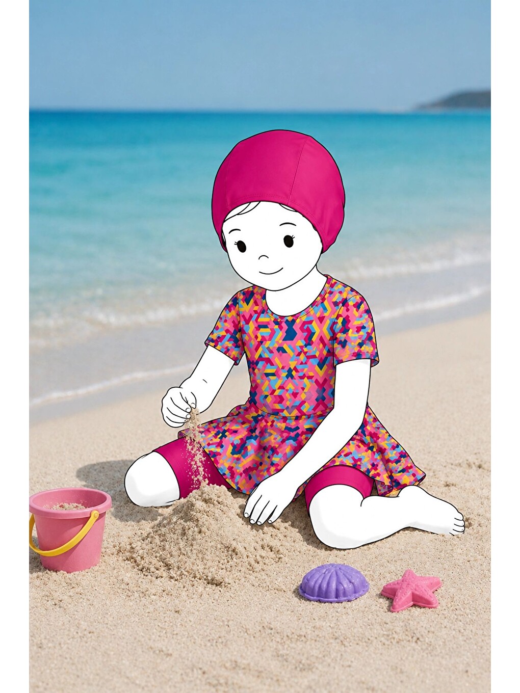 Pembe Kız Çocuk Renkli Boneli Mayo Takımı-3