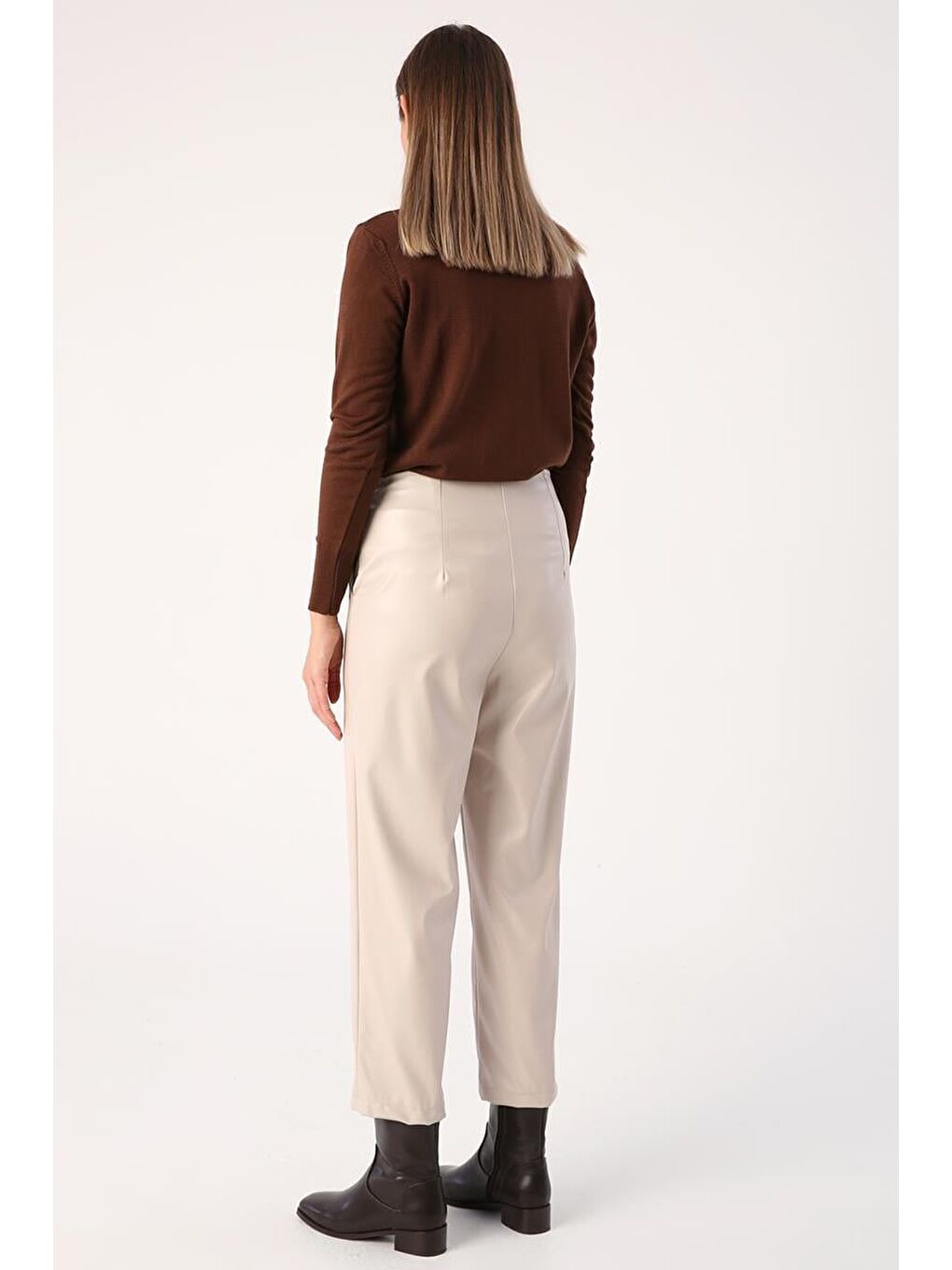 Bej Taş-İçi Şardonlu Çima Dikişli Deri Pantolon-3