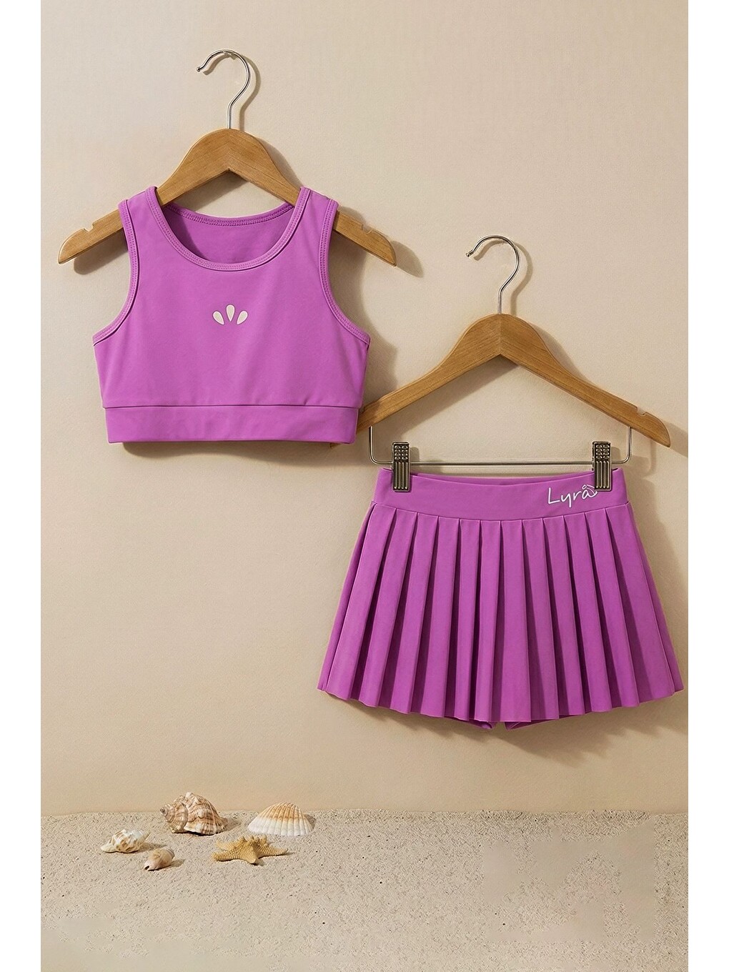 Kız Çocuk Sportif Mor Renk Pilili Crop - Şort Etek Alt - Üst Takım