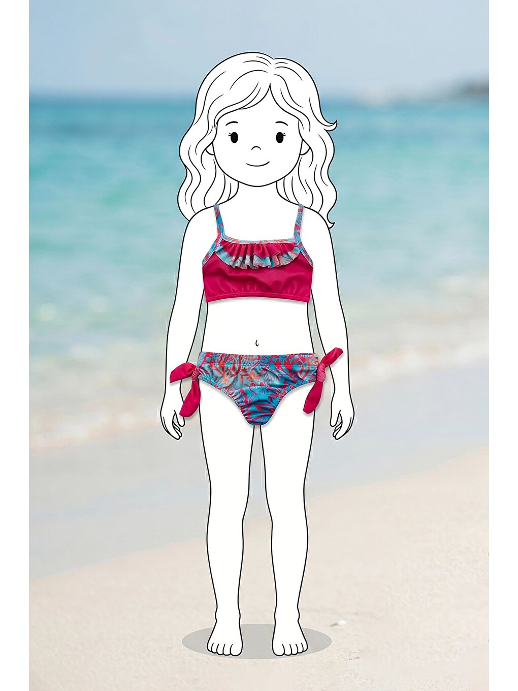Fuşya Kız Çocuk Renkli Tropik Desen Bikini Takımı-1