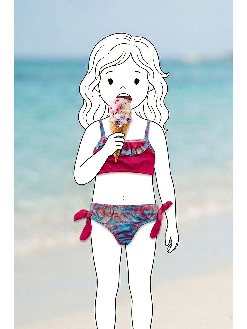 Fuşya Kız Çocuk Renkli Tropik Desen Bikini Takımı-2