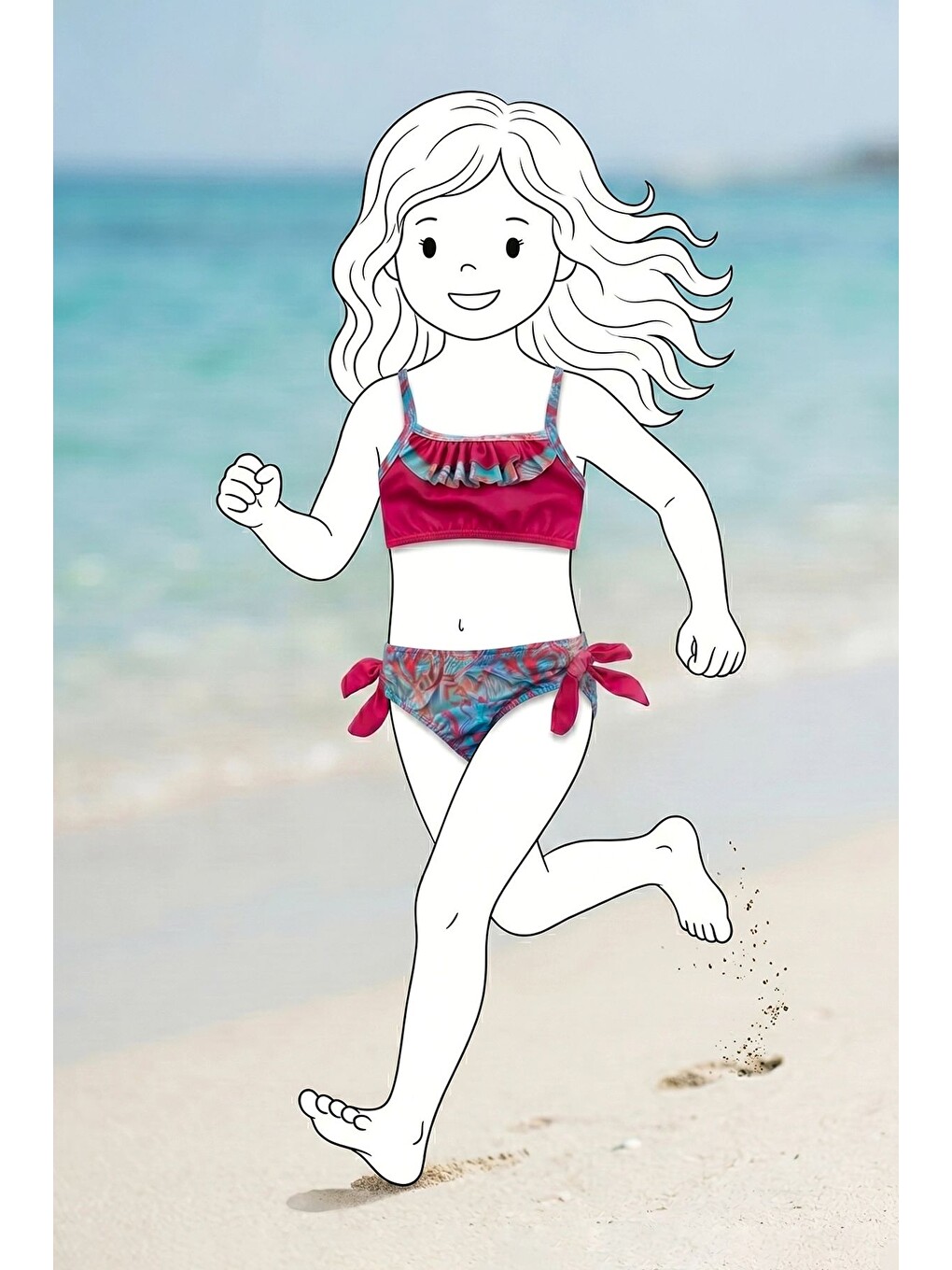 Fuşya Kız Çocuk Renkli Tropik Desen Bikini Takımı-3