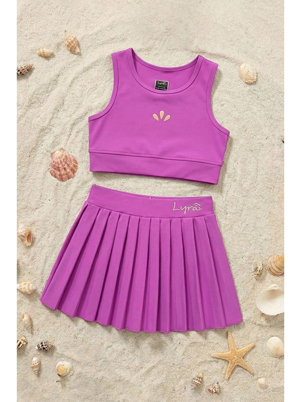 Kız Çocuk Sportif Mor Renk Pilili Crop - Şort Etek Alt - Üst Takım-5