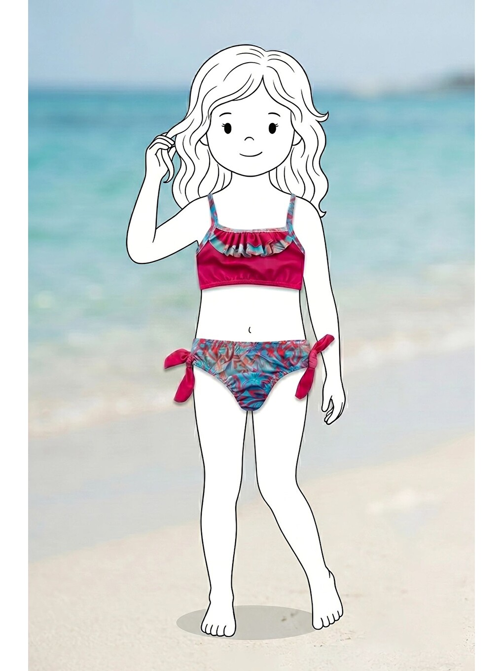 Fuşya Kız Çocuk Renkli Tropik Desen Bikini Takımı-4
