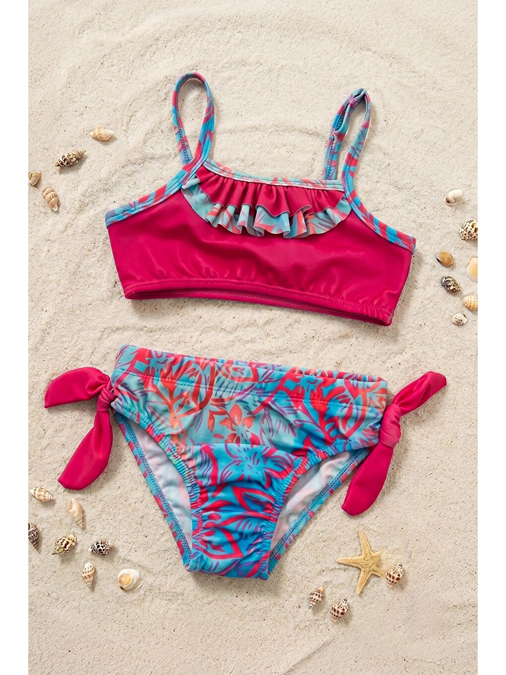 Fuşya Kız Çocuk Renkli Tropik Desen Bikini Takımı-5