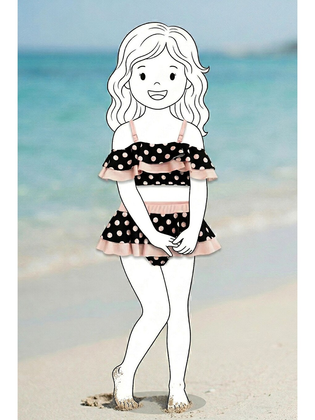 Puantiye Desenli Fırfırlı Siyah Renk Kız Çocuk Etekli Bikini Takımı-3