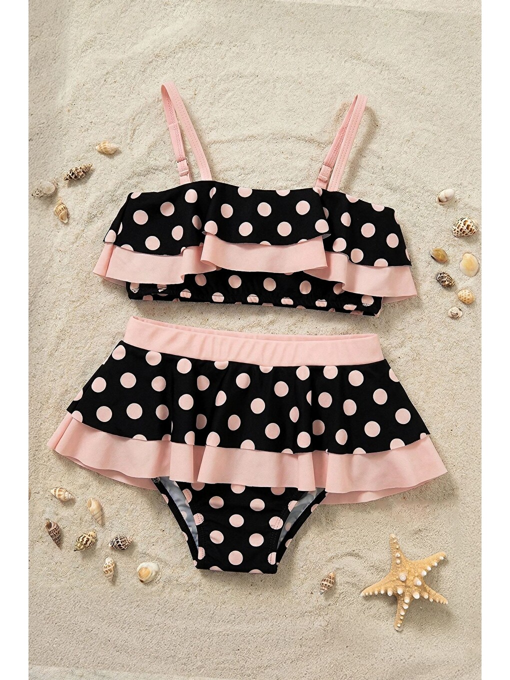 Puantiye Desenli Fırfırlı Siyah Renk Kız Çocuk Etekli Bikini Takımı-5