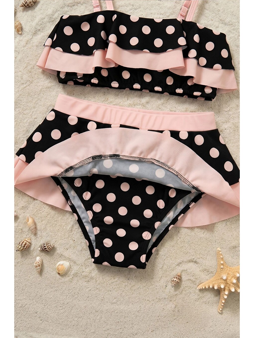 Puantiye Desenli Fırfırlı Siyah Renk Kız Çocuk Etekli Bikini Takımı-6