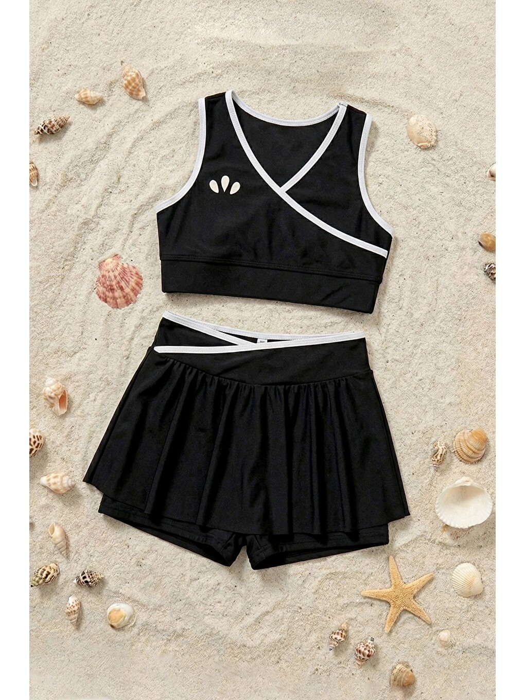 Kız Çocuk Sportif Siyah Renk Biyeli Crop Şort Etek Alt Üst Takım-5