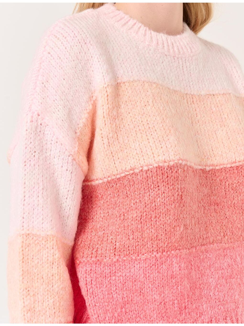 Pembe Bisiklet Yaka Uzun Kollu Çizgili Triko Kazak-1