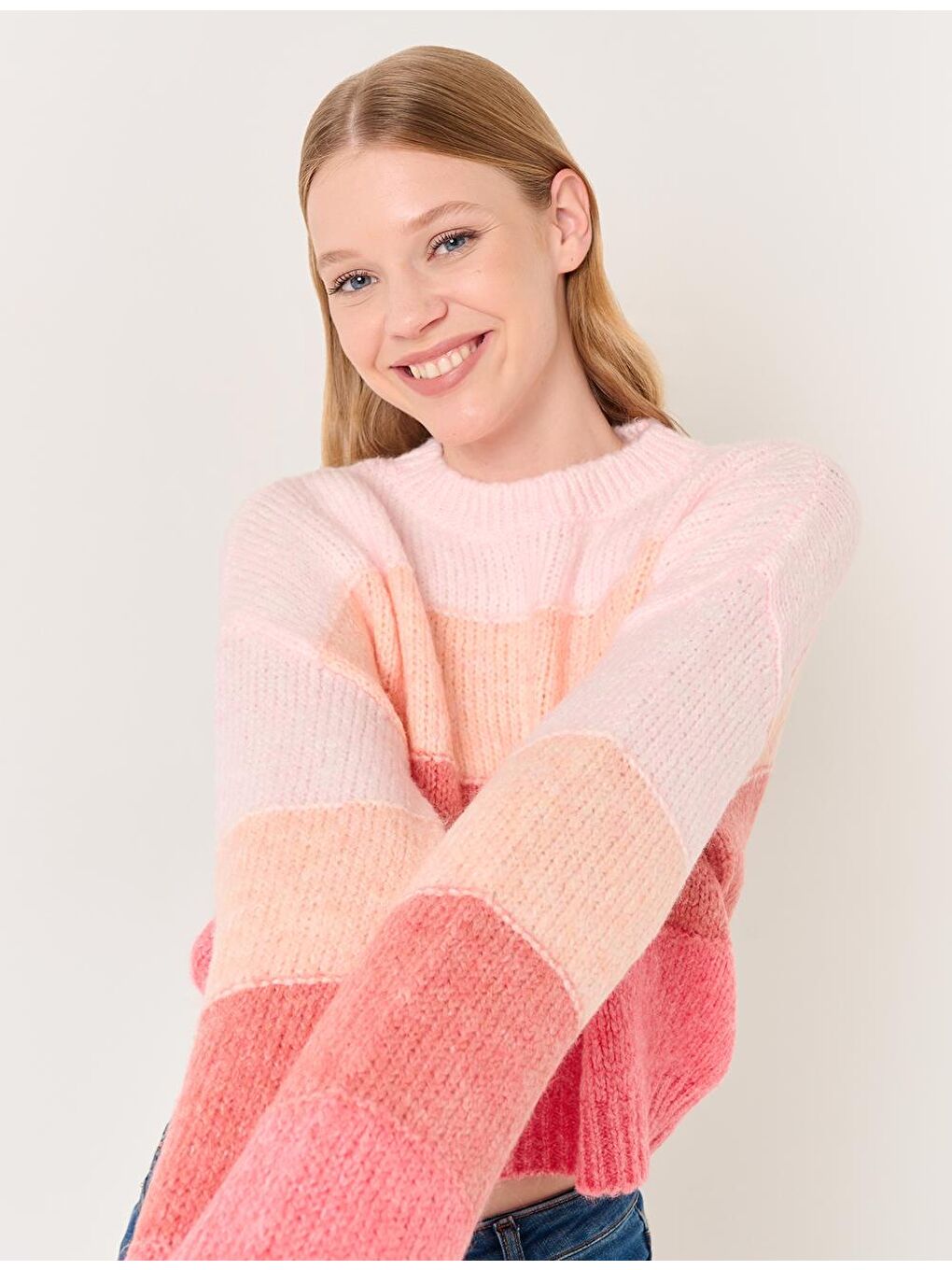 Pembe Bisiklet Yaka Uzun Kollu Çizgili Triko Kazak-2