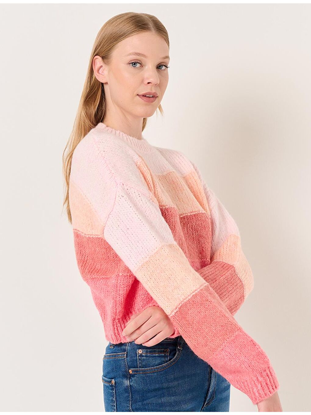 Pembe Bisiklet Yaka Uzun Kollu Çizgili Triko Kazak-3