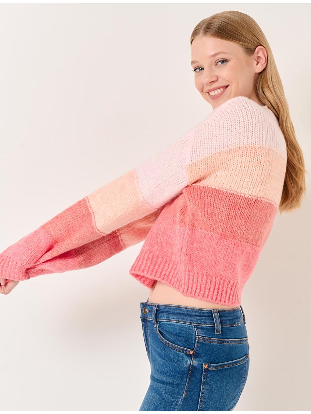 Pembe Bisiklet Yaka Uzun Kollu Çizgili Triko Kazak-4