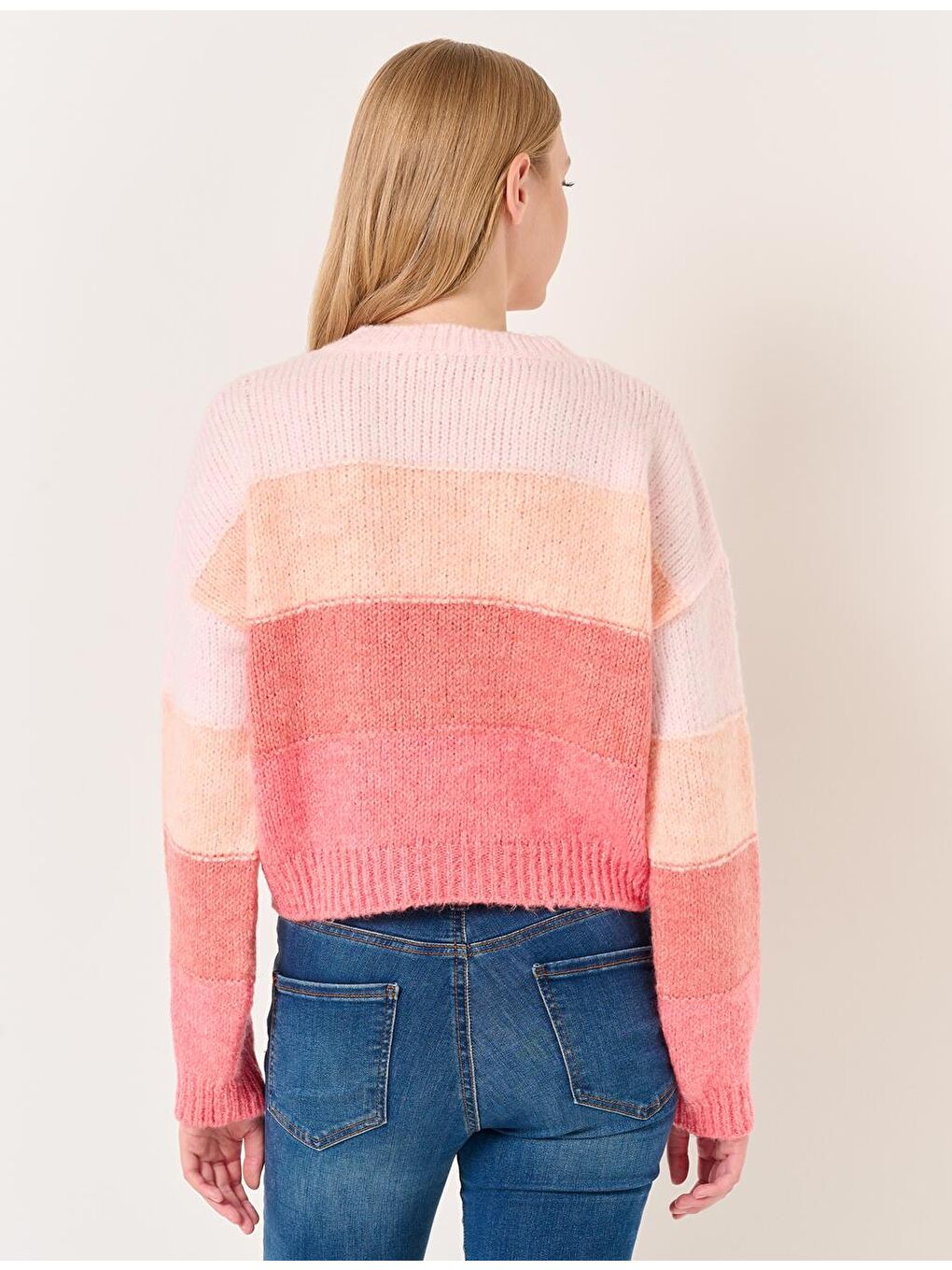 Pembe Bisiklet Yaka Uzun Kollu Çizgili Triko Kazak-5