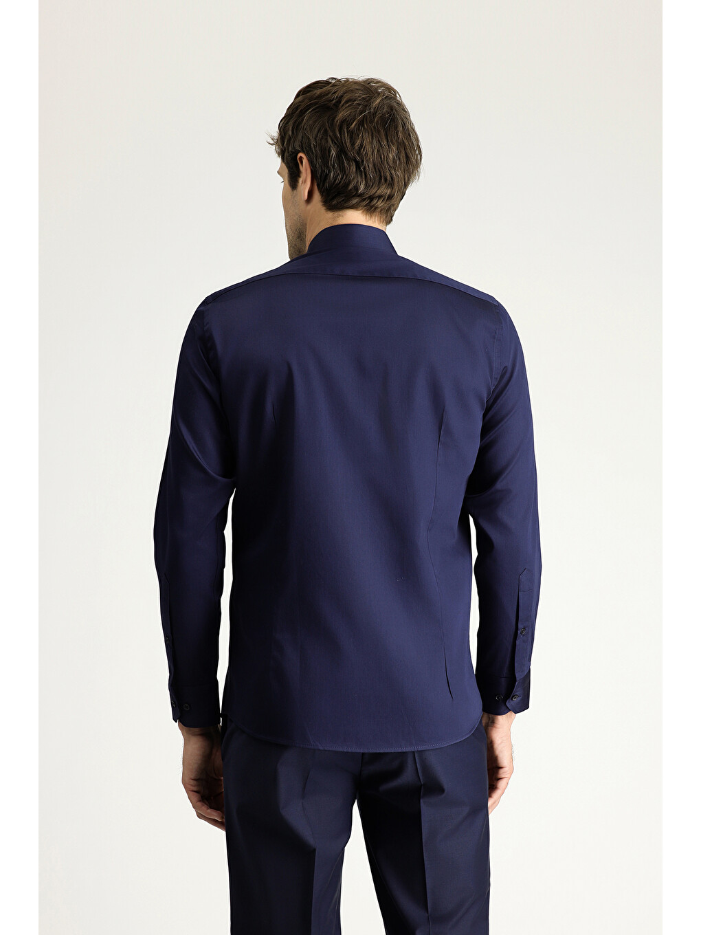 Lacivert Uzun Kol Slim Fit Dar Kesim Klasik Pamuk Gömlek-2
