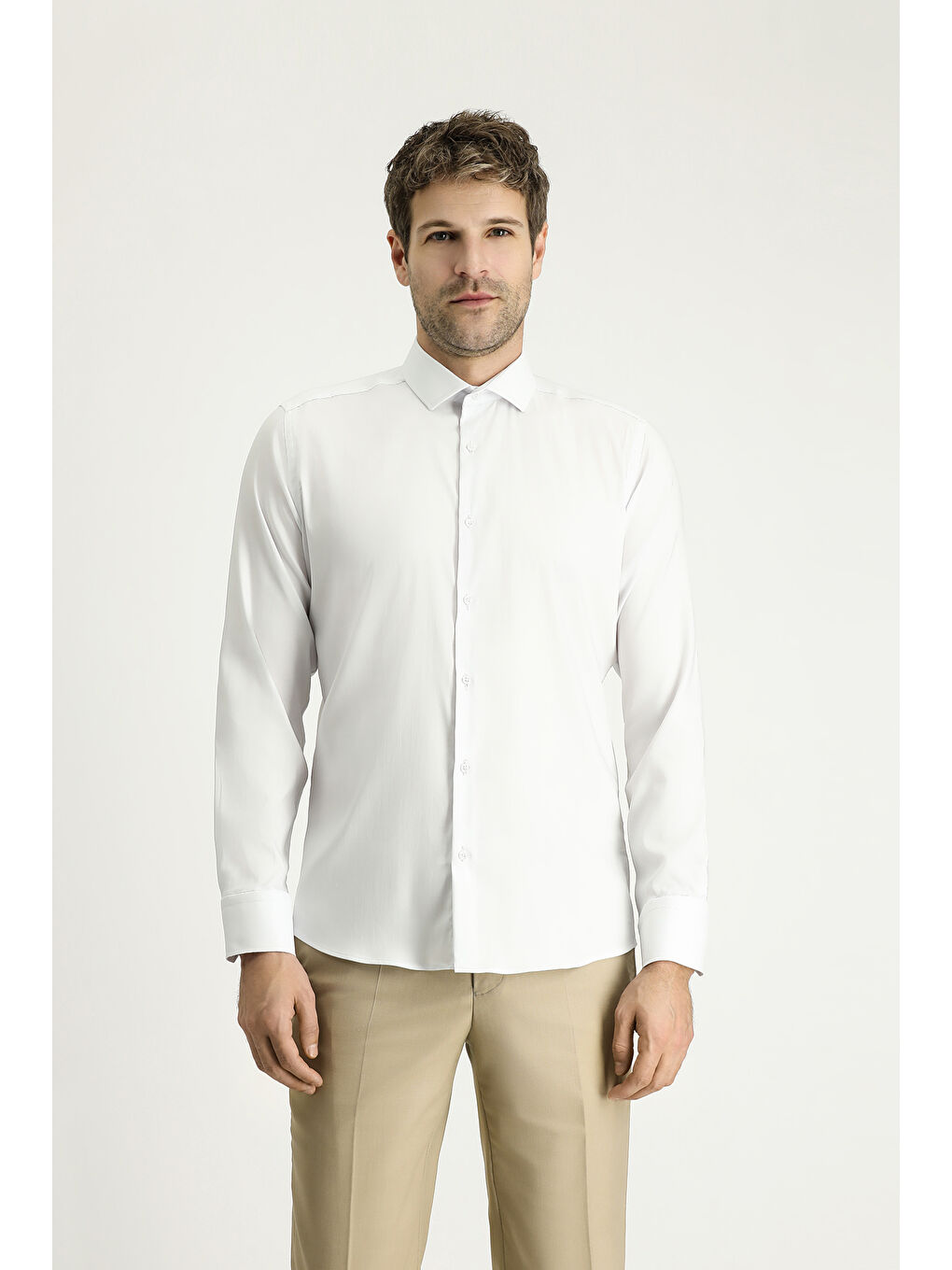 Beyaz Techno-Line Uzun Kol Slim Fit Dar Kesim Klasik Gömlek-3