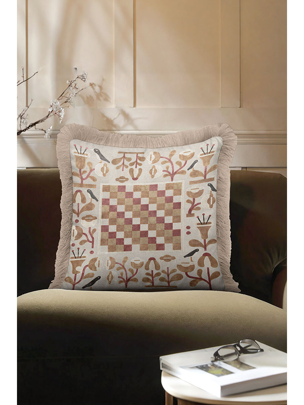 Karışık Zarif Retro Mozaik Saçaklı Yastık Kılıfı - Kuşlu Bohem Krem Bej Püsküllü Kırlent Kılıfı-1