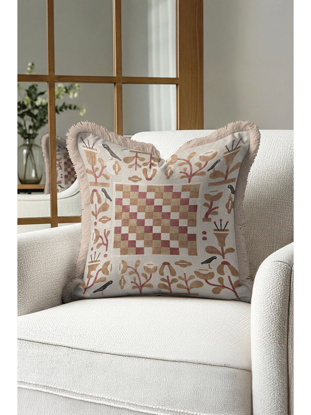 Karışık Zarif Retro Mozaik Saçaklı Yastık Kılıfı - Kuşlu Bohem Krem Bej Püsküllü Kırlent Kılıfı-2