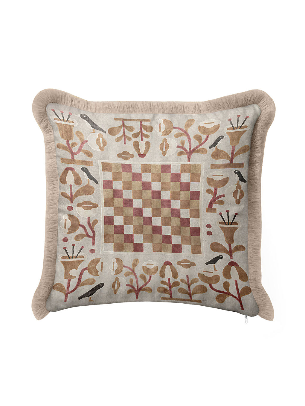 Karışık Zarif Retro Mozaik Saçaklı Yastık Kılıfı - Kuşlu Bohem Krem Bej Püsküllü Kırlent Kılıfı-3