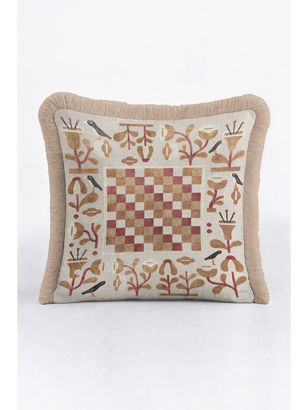 Karışık Zarif Retro Mozaik Saçaklı Yastık Kılıfı - Kuşlu Bohem Krem Bej Püsküllü Kırlent Kılıfı-4