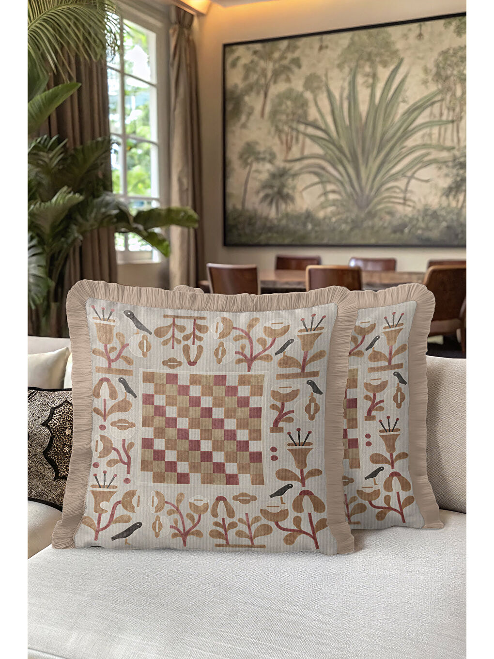 Karışık Zarif Retro Mozaik Saçaklı Yastık Kılıfı - Kuşlu Bohem Krem Bej Püsküllü Kırlent Kılıfı-5