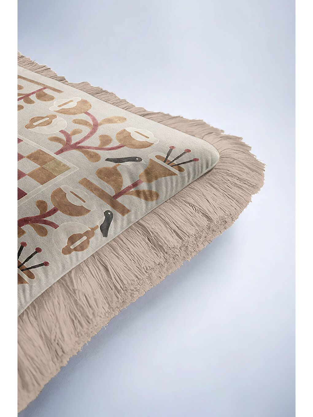 Karışık Zarif Retro Mozaik Saçaklı Yastık Kılıfı - Kuşlu Bohem Krem Bej Püsküllü Kırlent Kılıfı-6