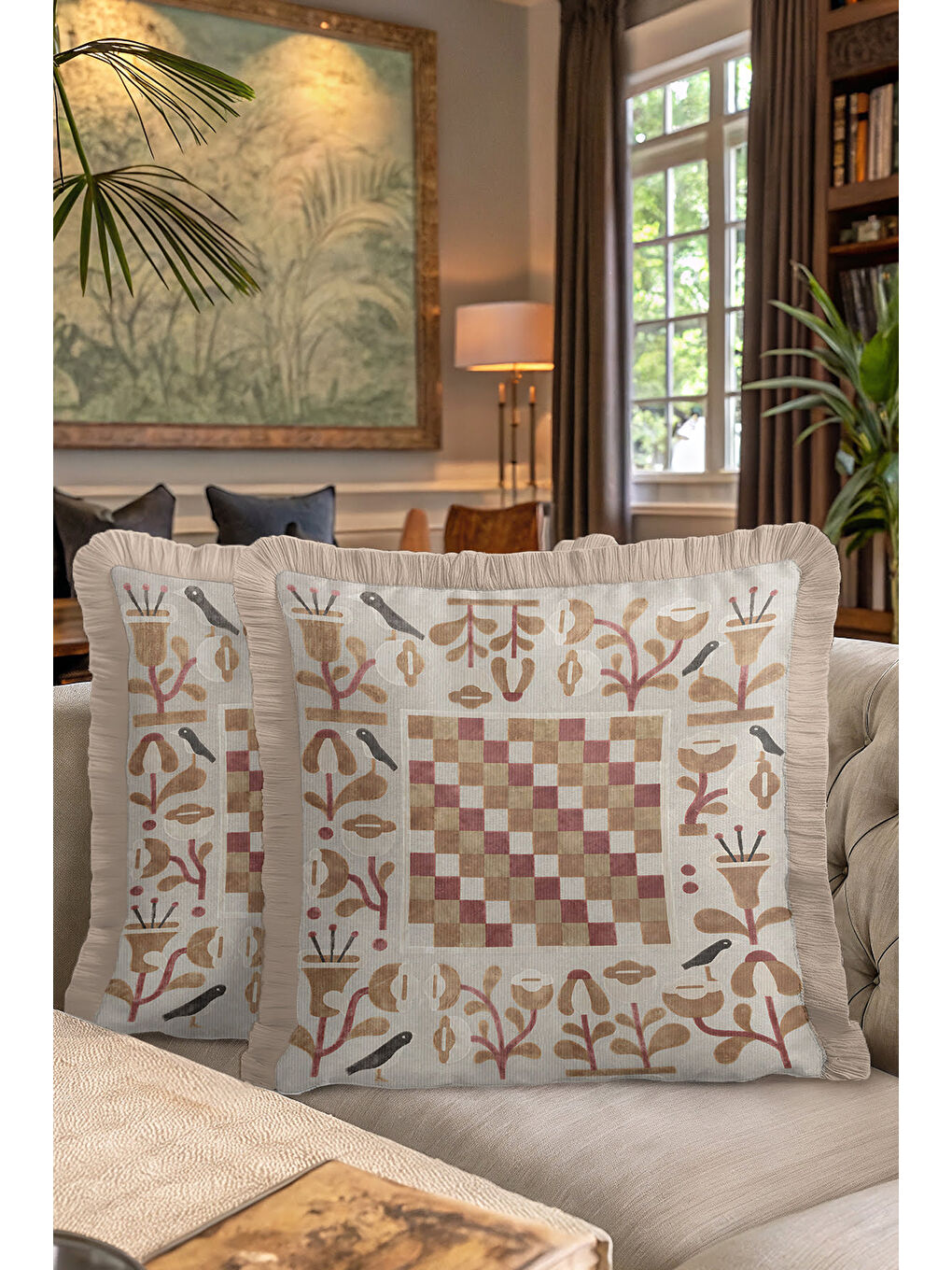 Karışık Zarif Retro Mozaik Saçaklı Yastık Kılıfı - Kuşlu Bohem Krem Bej Püsküllü Kırlent Kılıfı-7