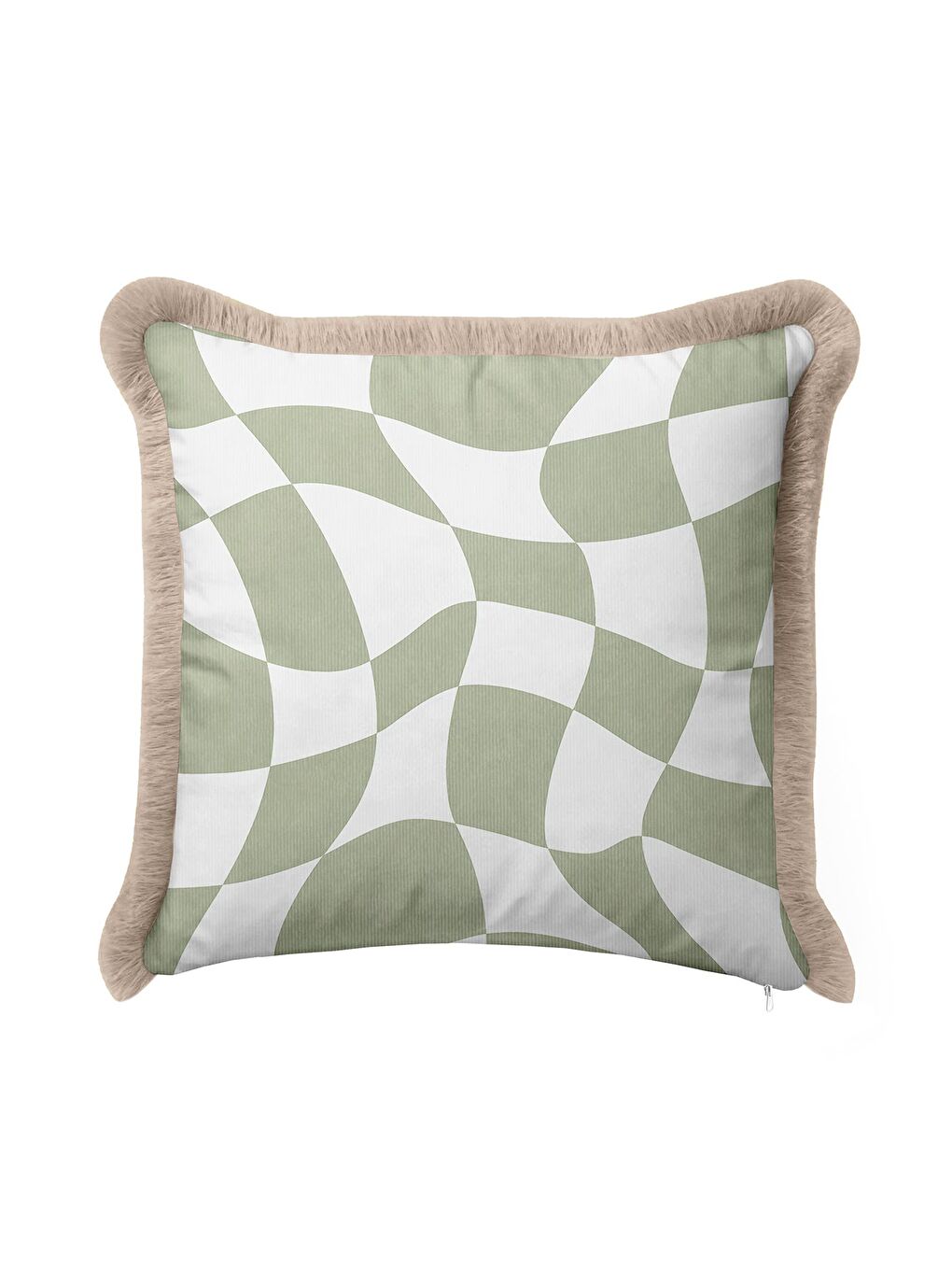 Karışık Optik Dalga Yeşil Saçaklı Yastık Kılıfı - Trend Modern Bej Kenarlı Püsküllü Kırlent Kılıfı