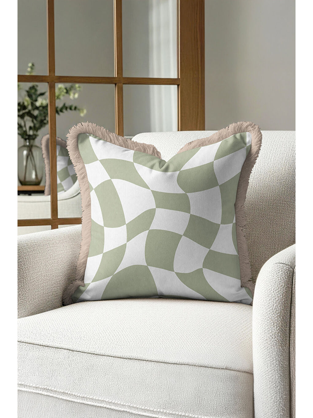 Karışık Optik Dalga Yeşil Saçaklı Yastık Kılıfı - Trend Modern Bej Kenarlı Püsküllü Kırlent Kılıfı-1
